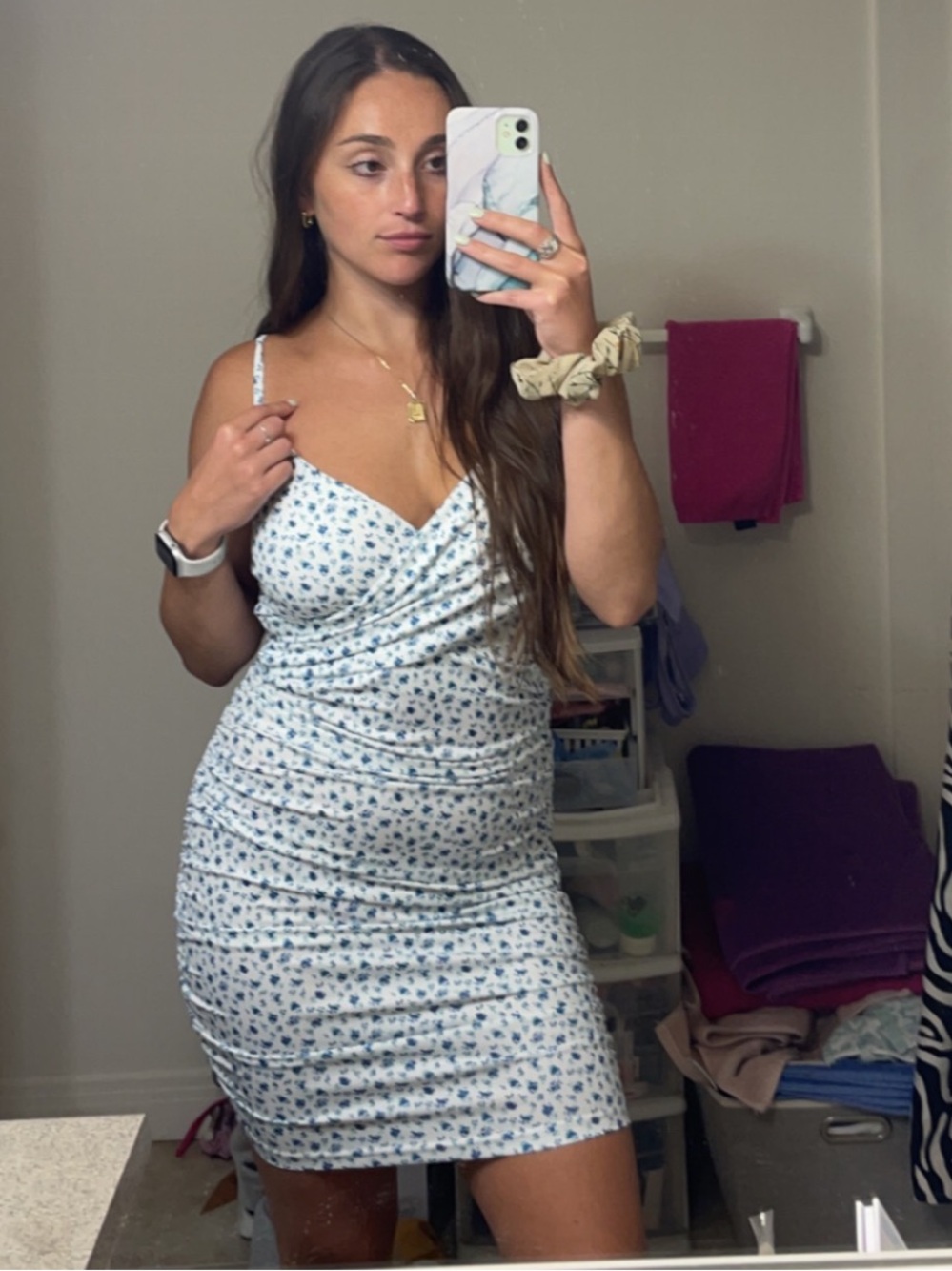 Blue Floral Ruched Mini Dress